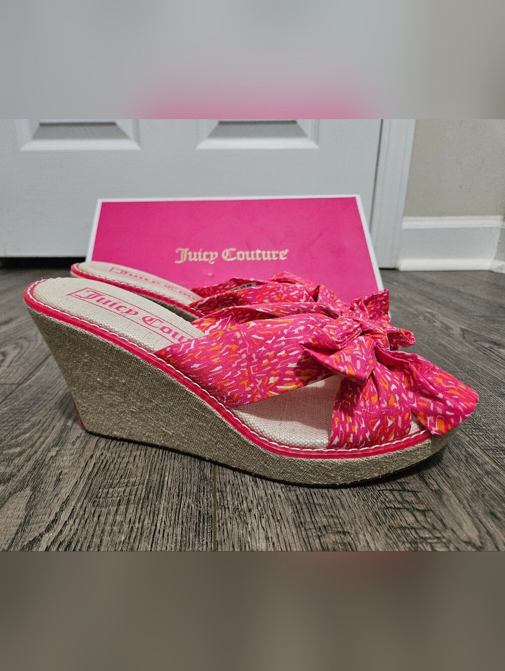 Juicy Couture Pink Patterned Knotted Espadrille Wedge Sandals